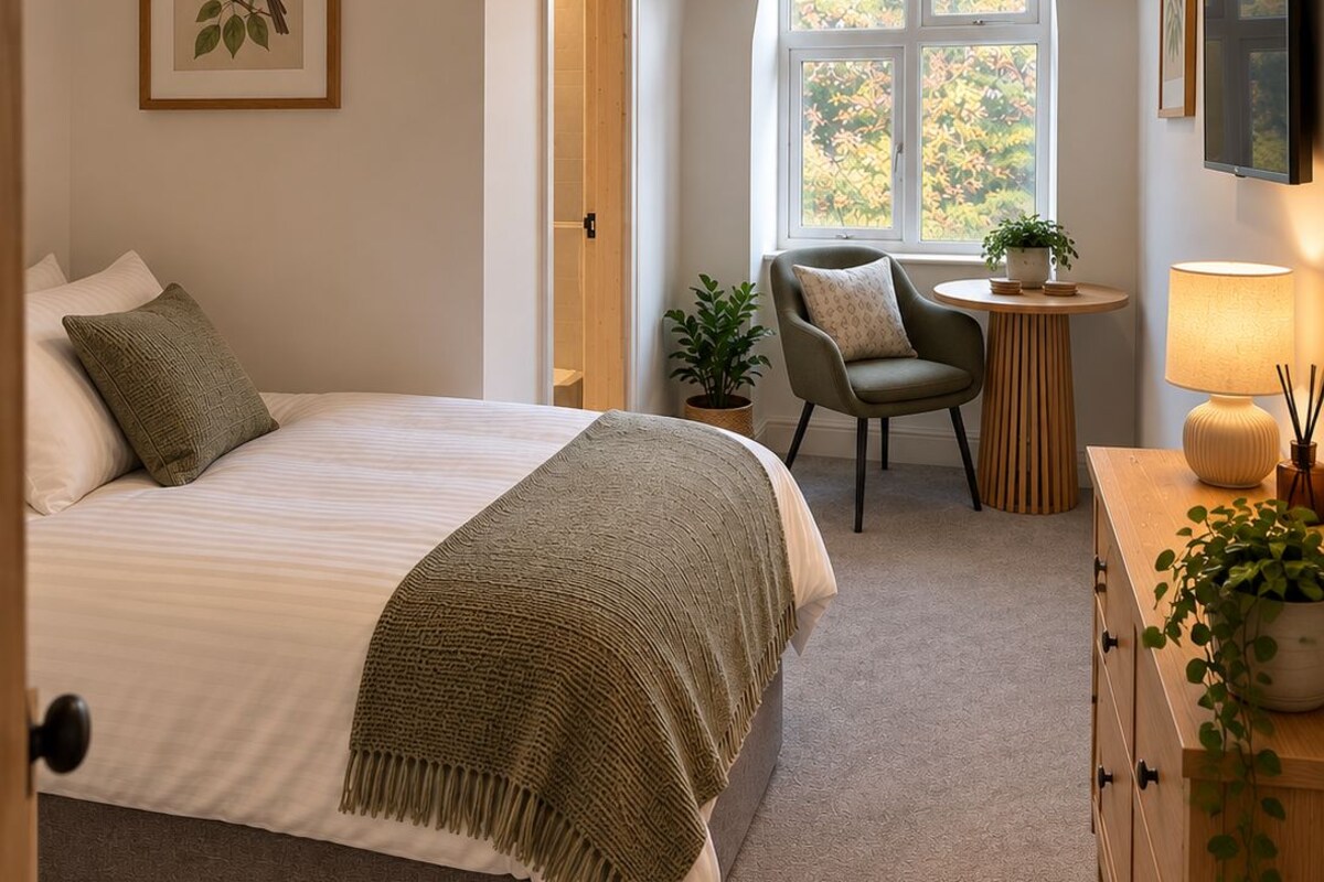 Een slaapkamer met een bed, een stoel, een bureau, een raam en een plant.
