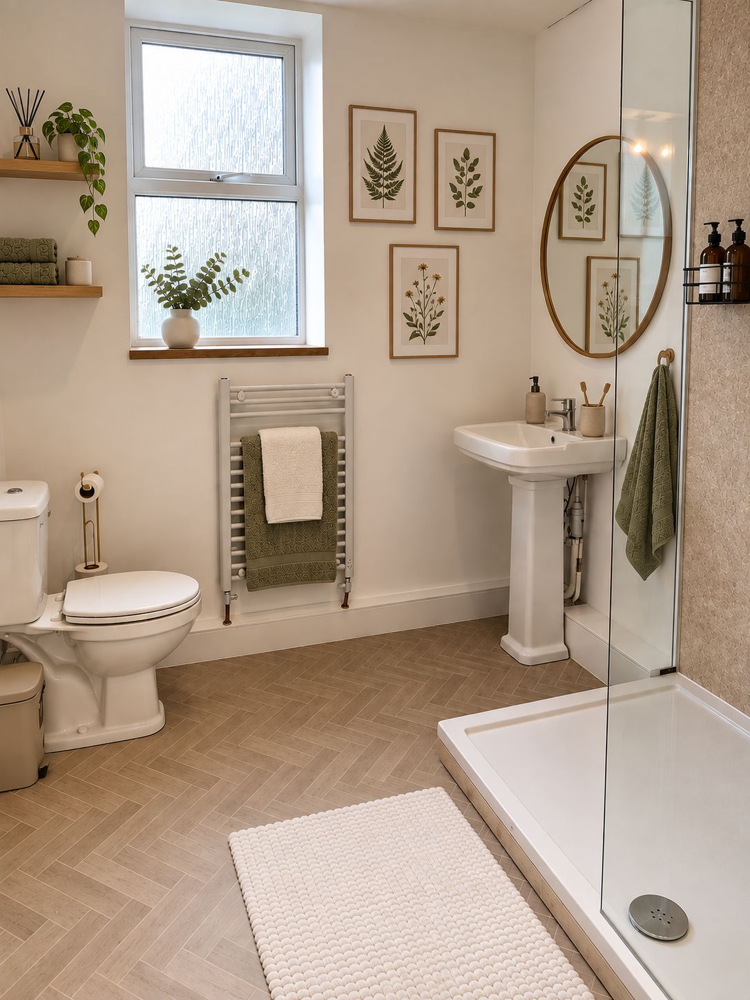A bathroom with a toilet, sink, and shower. There are framed botanical prints on the wall, a radiator, and a window with a plant.