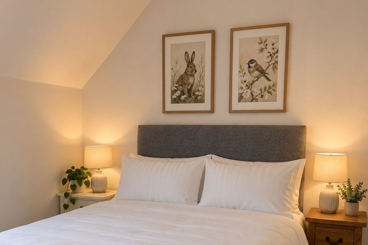 A bedroom with a bed, two bedside tables, a nightstand, a lamp, a potted plant, and two framed pictures on the wall.