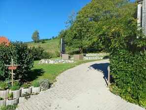 A paved pathway leading through a landscaped area with a stone wall and greenery.