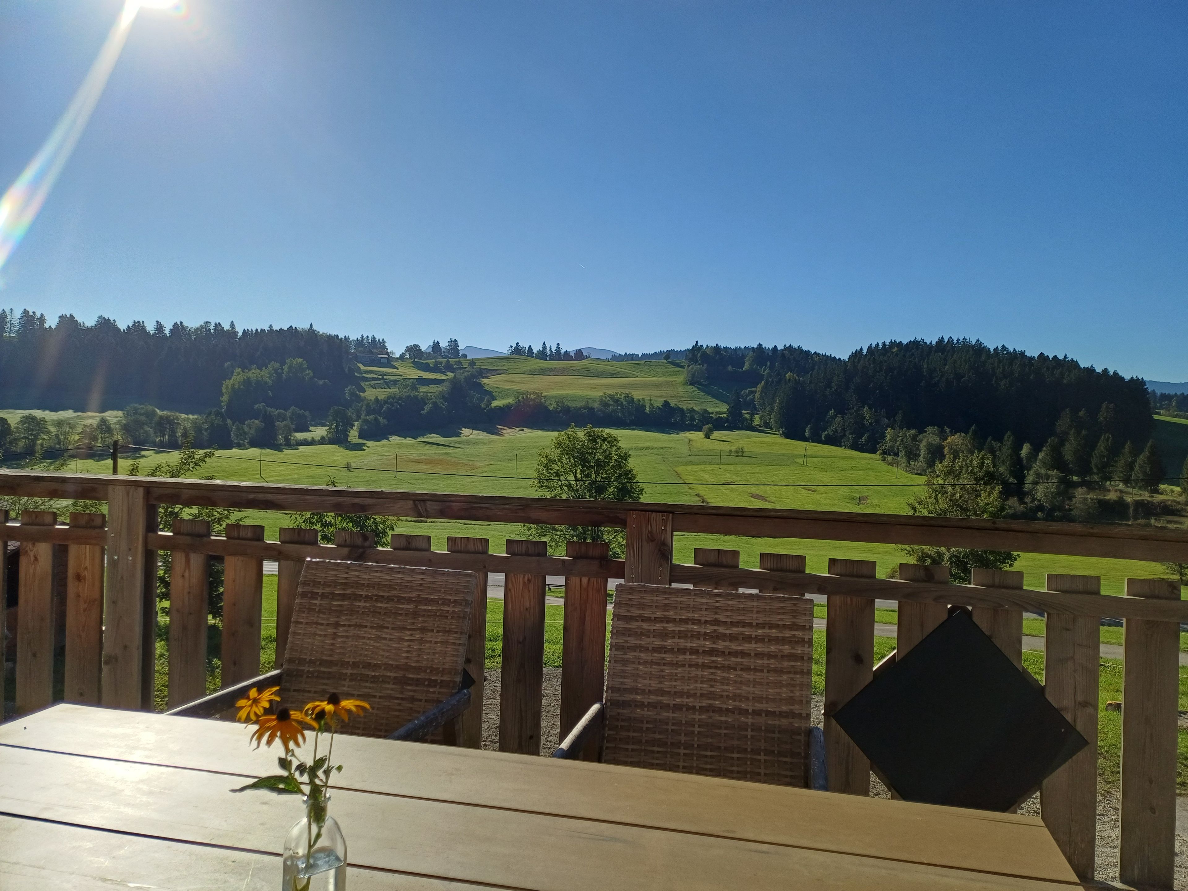 Eine Holzterrasse mit Tisch und Stühlen, mit Blick auf eine grüne Landschaft mit Hügeln und Bäumen.