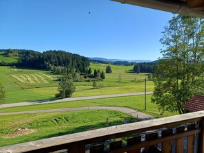 A view from a balcony overlooking a green landscape with a road and trees.