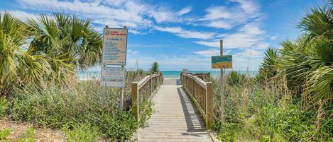 A wooden boardwalk leading to a beach with palm trees and a clear sky.