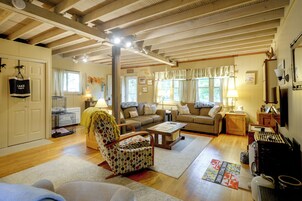 Una sala de estar acogedora con techo de madera, un sillón estampado, un sofá y una mesa de centro.