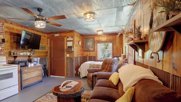 A cozy cabin interior with a wooden interior, a ceiling fan, a flat-screen TV, a kitchenette, a sofa, and a bed.