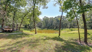A natural landscape with a pond, trees, and a trailer.
