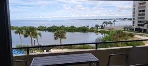 A balcony with a view of a calm body of water, palm trees, and a distant shoreline with buildings. - Cozy 2-bedroom condo in charming Hudson with AC and fitness room (Hudson)
