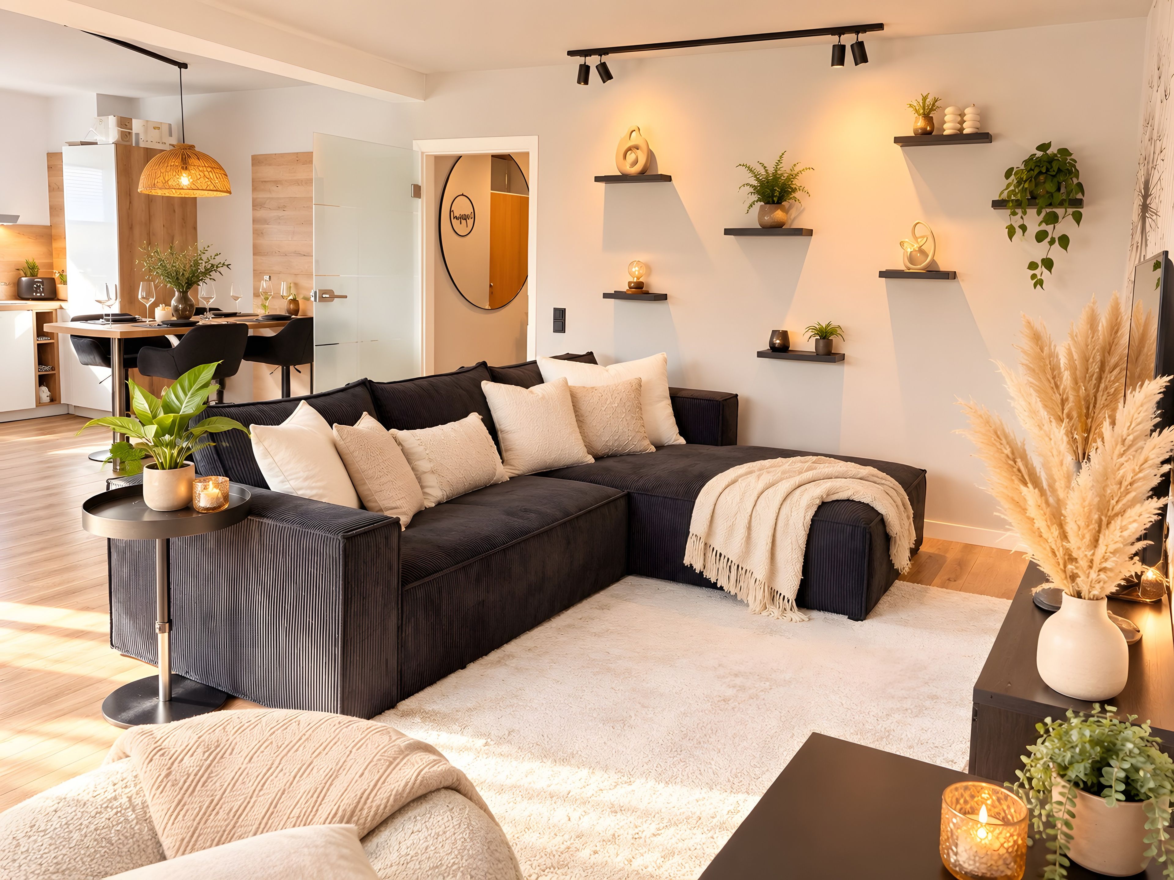 Ein modernes Wohnzimmer mit einer Eckcouch, einem Couchtisch und Zimmerpflanzen.