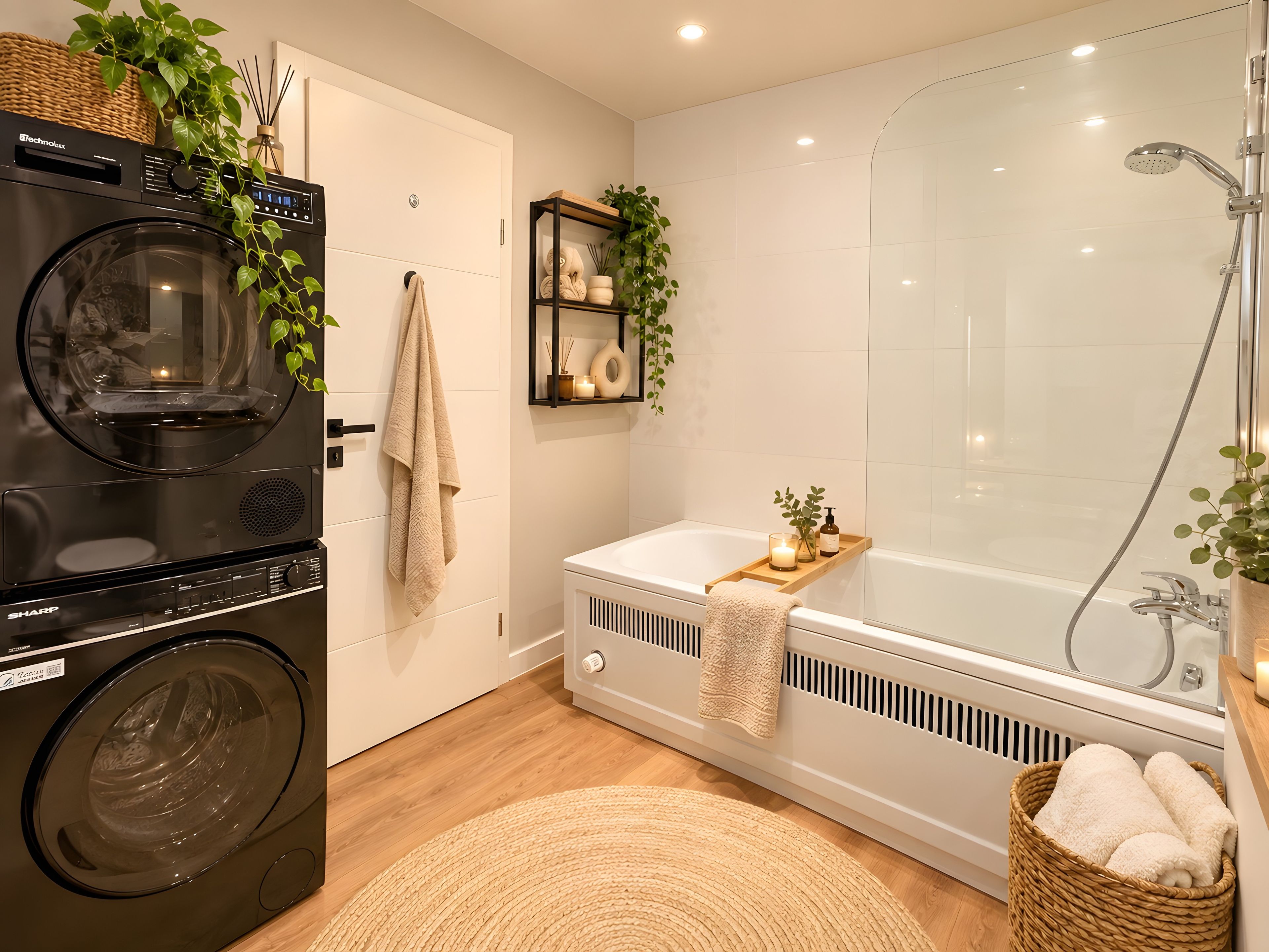 Ein modernes Badezimmer mit Waschmaschine, Badewanne und Dusche.