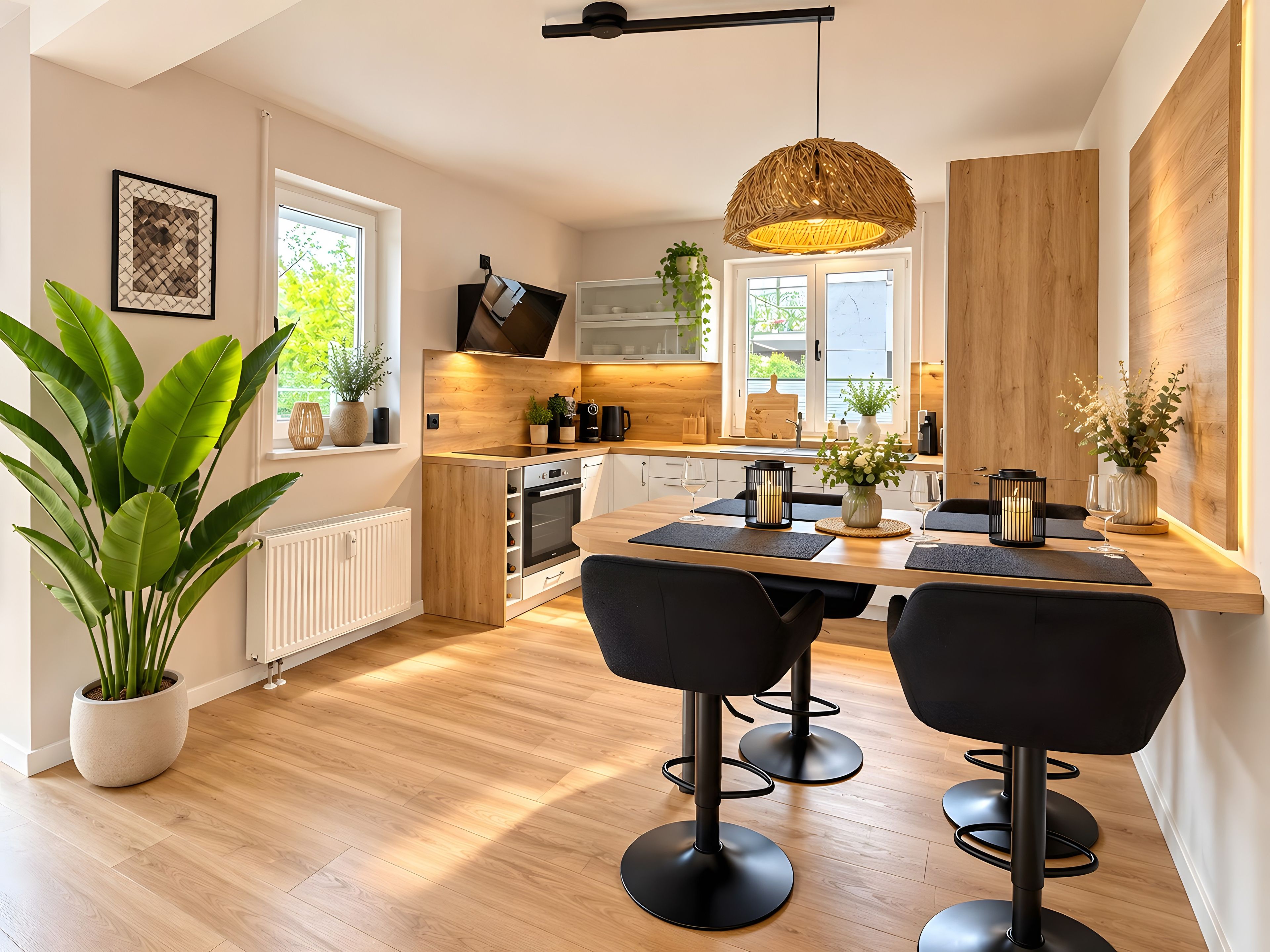 Eine moderne Küche mit Essbereich, Holzboden und schwarzen Barhocker.