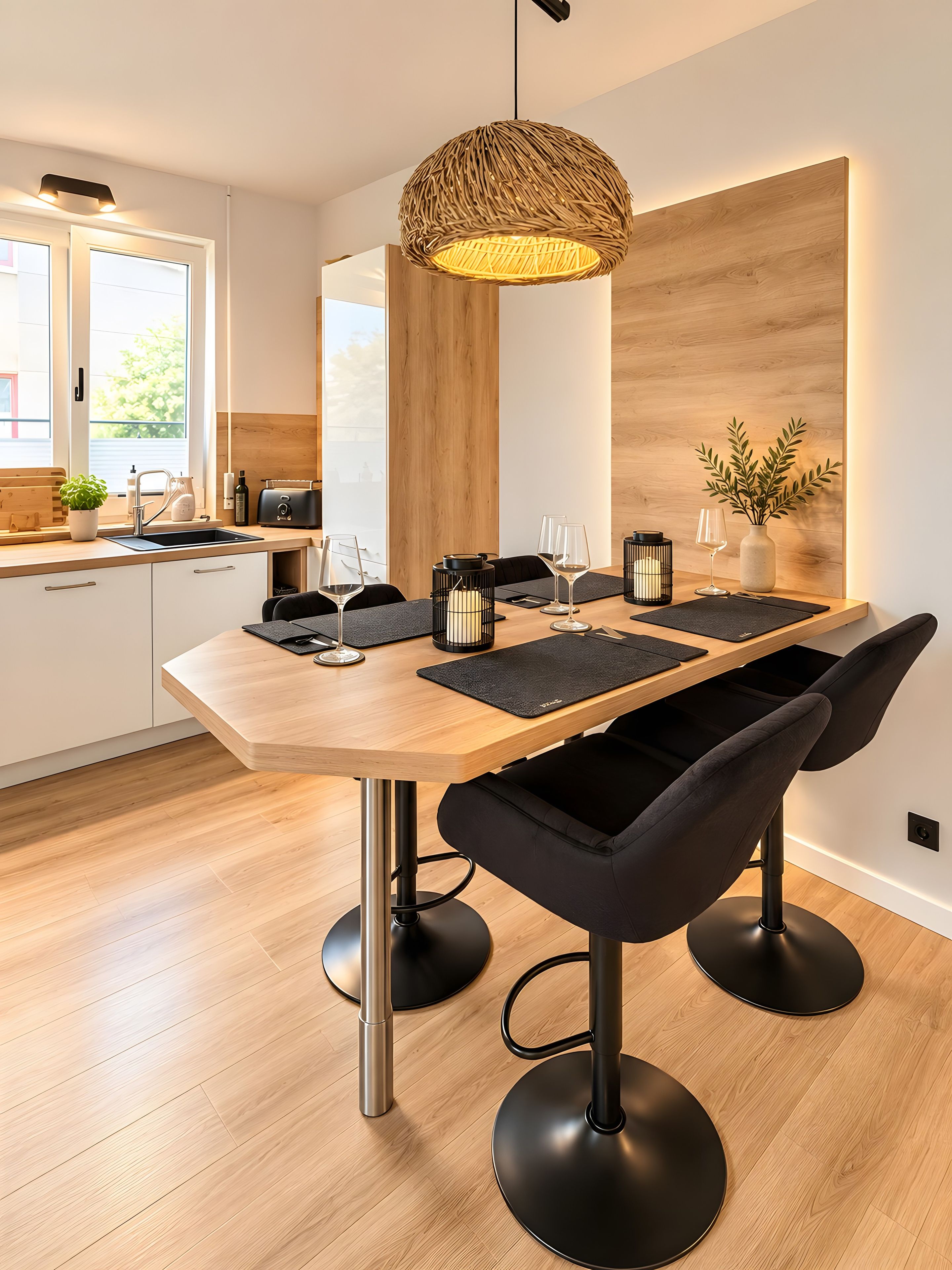 A modern kitchen with a wooden countertop, a hanging light fixture, and a dining area with a table set for two.