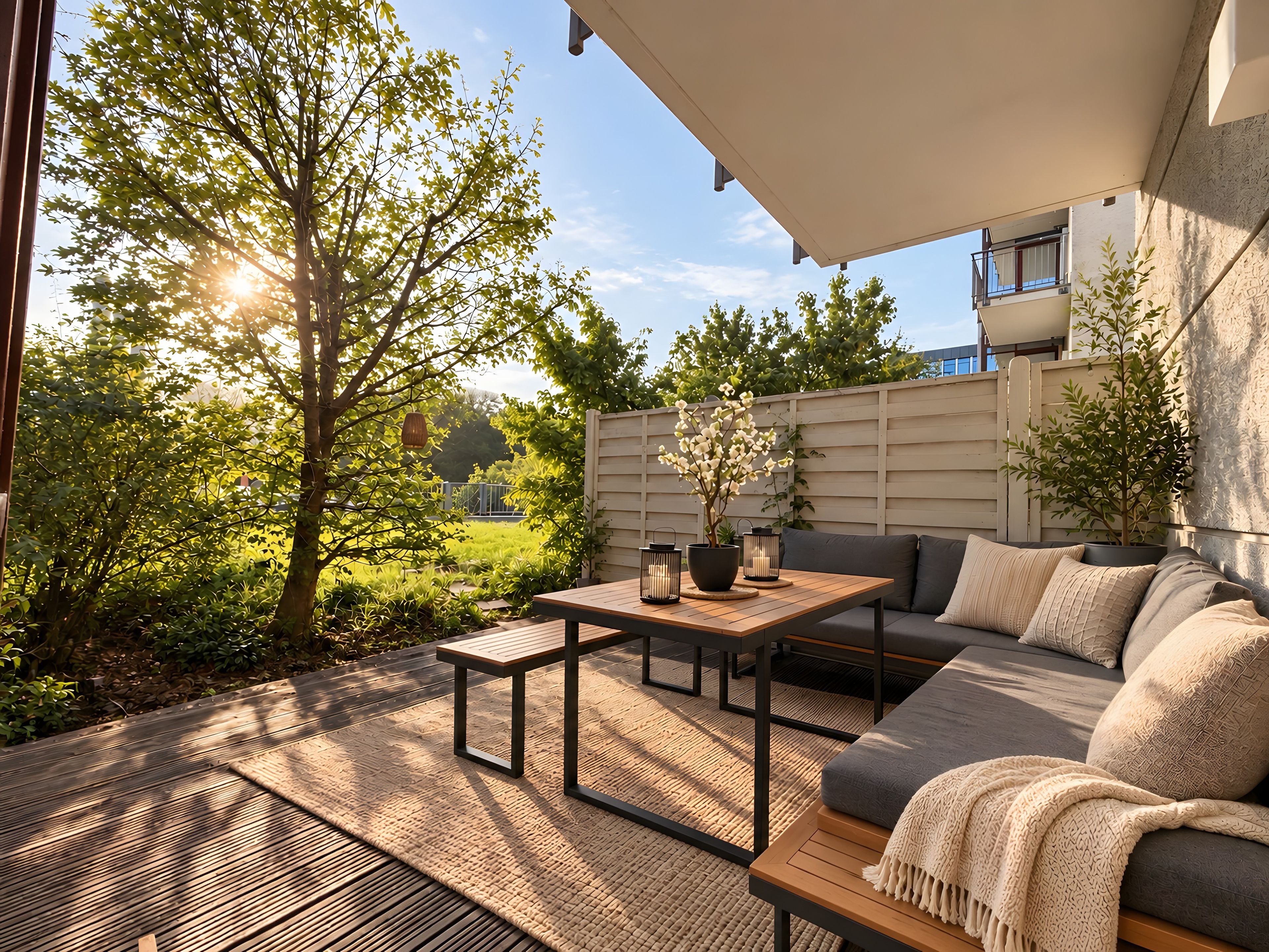 Eine Terrasse im Freien mit einem Holztisch, einer Couch und Kübelpflanzen.
