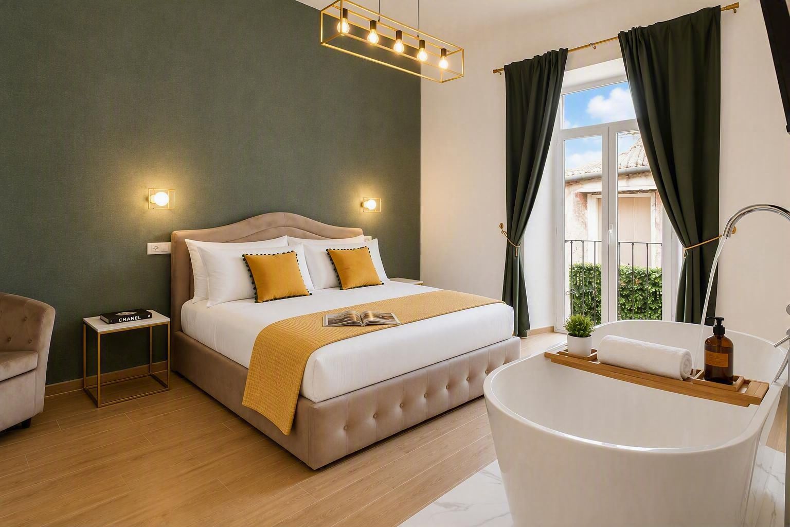 Un dormitorio con cama, mesita de noche y baño con bañera.