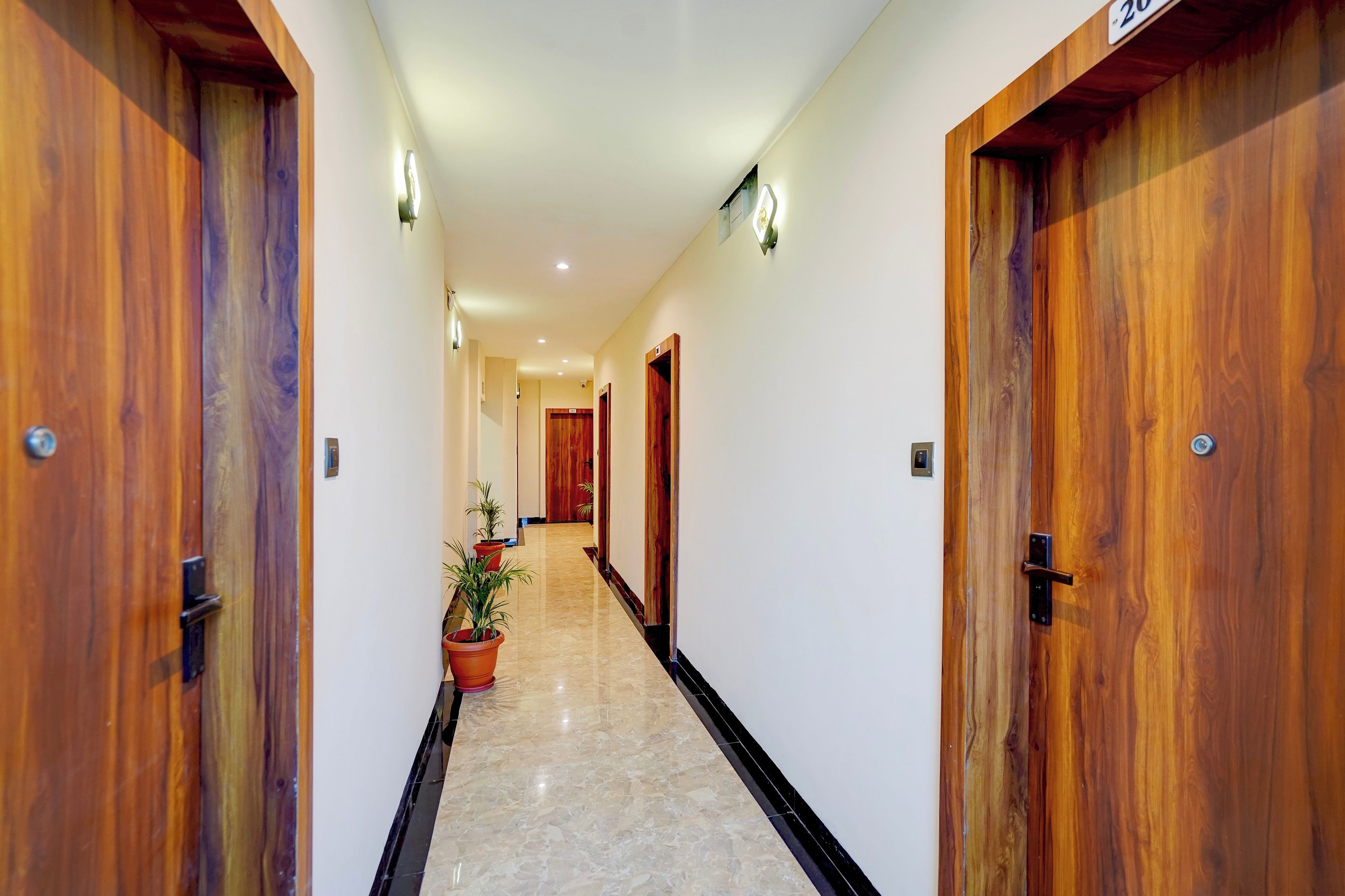 A hotel corridor with wooden doors, a marble floor, and potted plants.