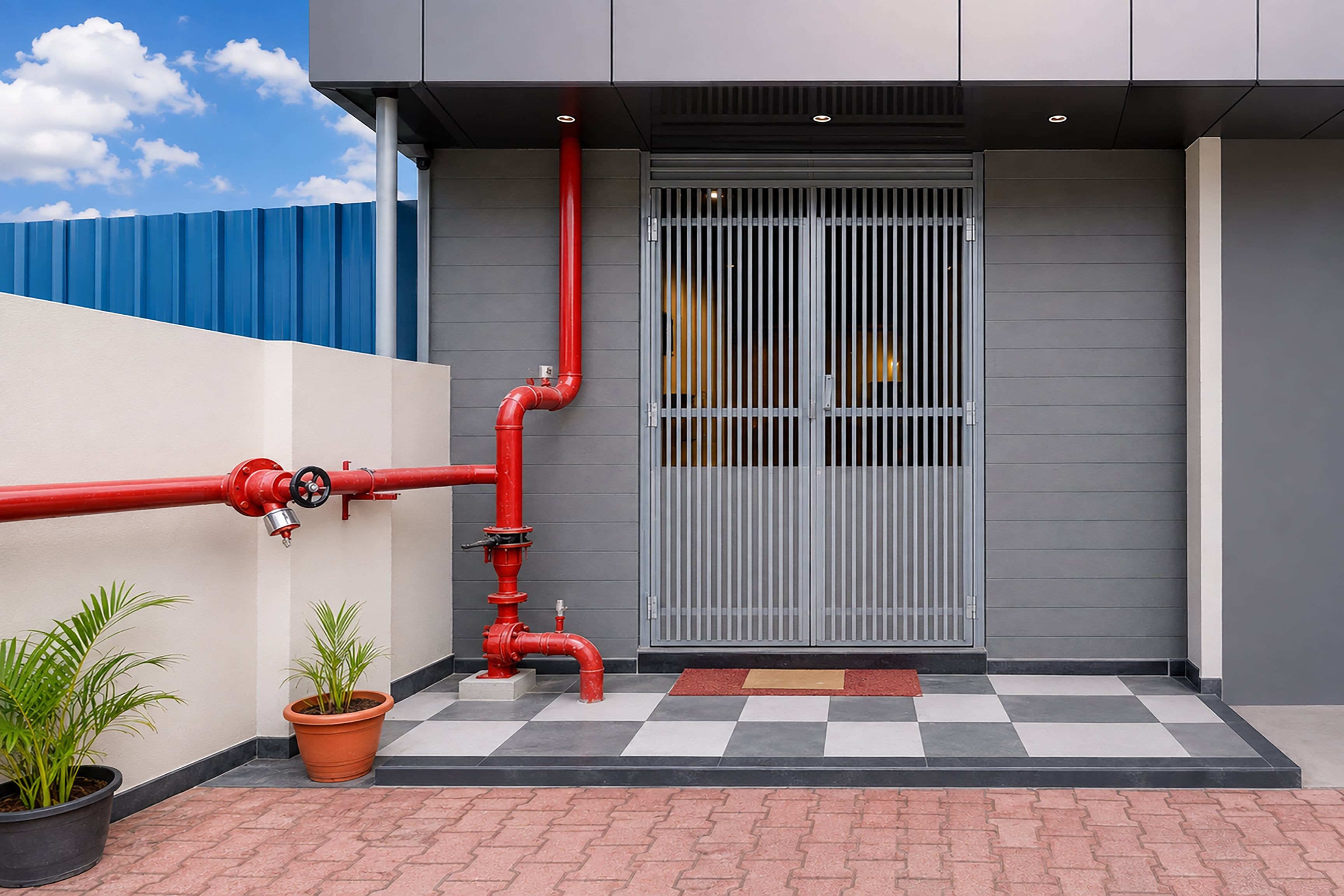 A building entrance with a red pipe system, a potted plant, and a checkered floor.
