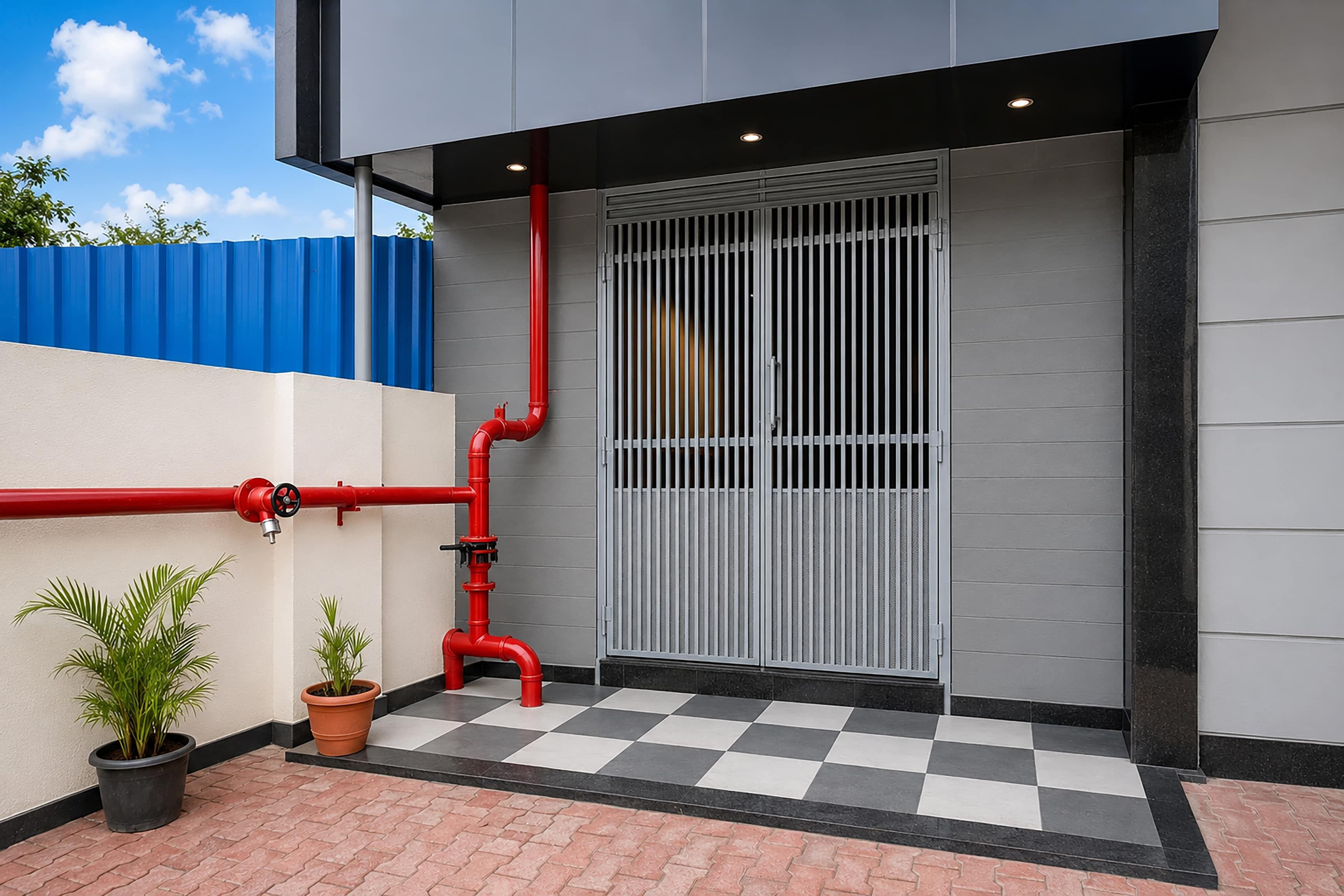 A building exterior with a checkered floor, a gated entrance, and red pipes.