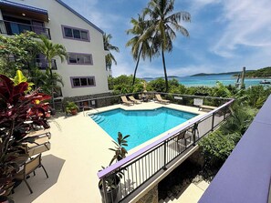 Ein Swimmingpool mit Blick auf den Ozean, umgeben von Liegestühlen und Topfpflanzen.