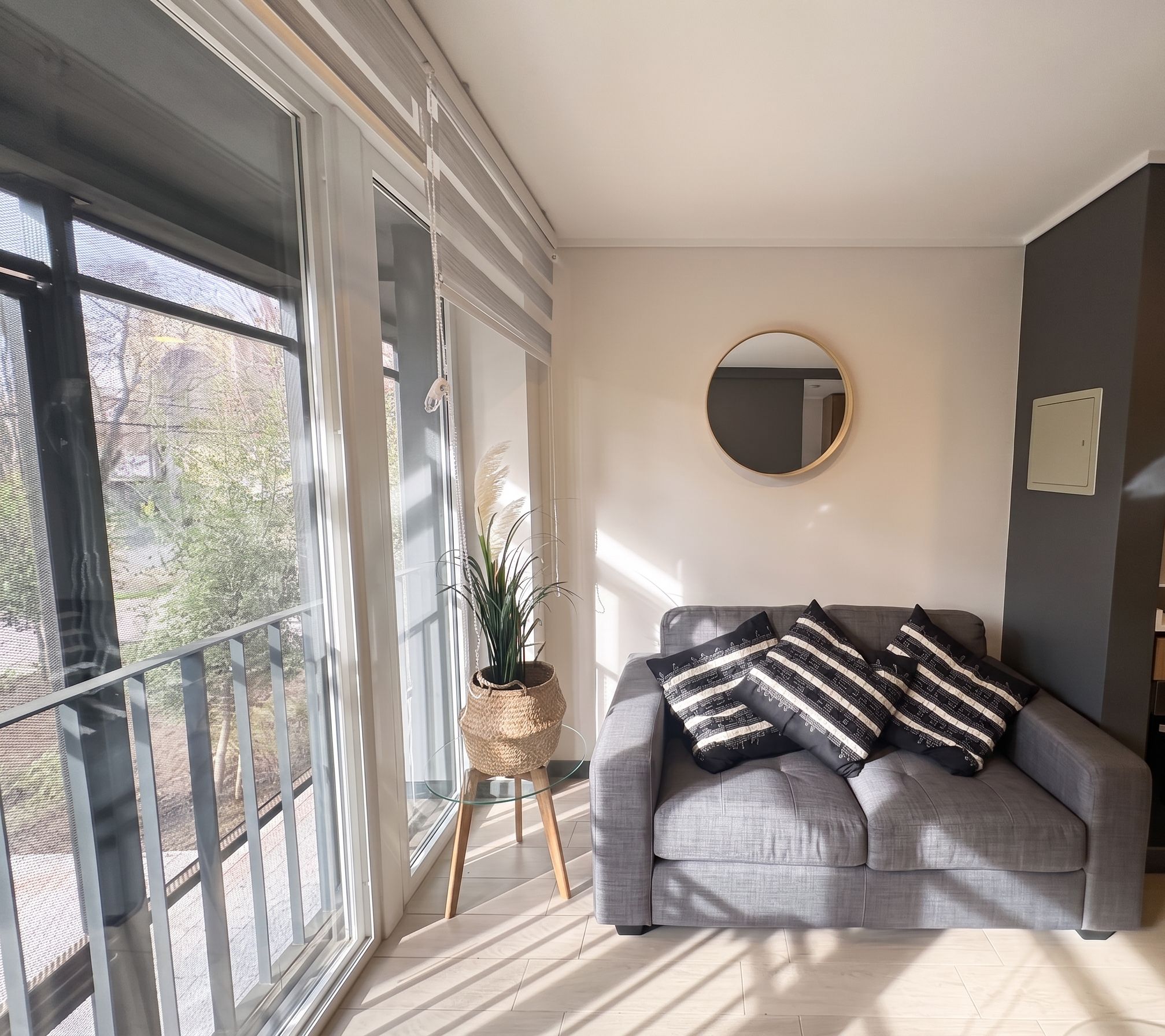 A modern living room with a grey sofa, a round mirror, and a potted plant.