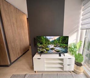 A flat-screen TV on a white TV stand with a scenic nature image, a wooden wardrobe, and a potted plant by a window. - Edificio Quinta Vista by Domus Travels (Quinta Normal)