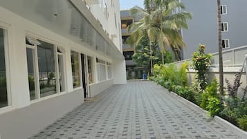 Un bâtiment doté d’un trottoir dallé, de grandes fenêtres et d’un palmier.