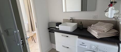 Un baño moderno con lavadora incorporada, un lavabo y un espejo.