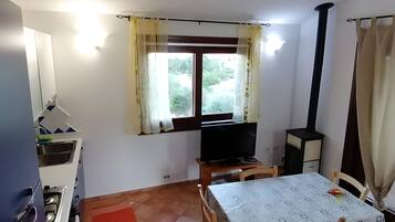 A compact living space with a kitchenette, a dining area with a table and chairs, a television, and a window with curtains.