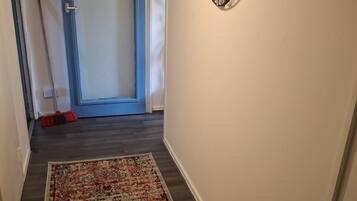 A hallway with a patterned rug, a door with a blue frame, and a wall-mounted mirror.