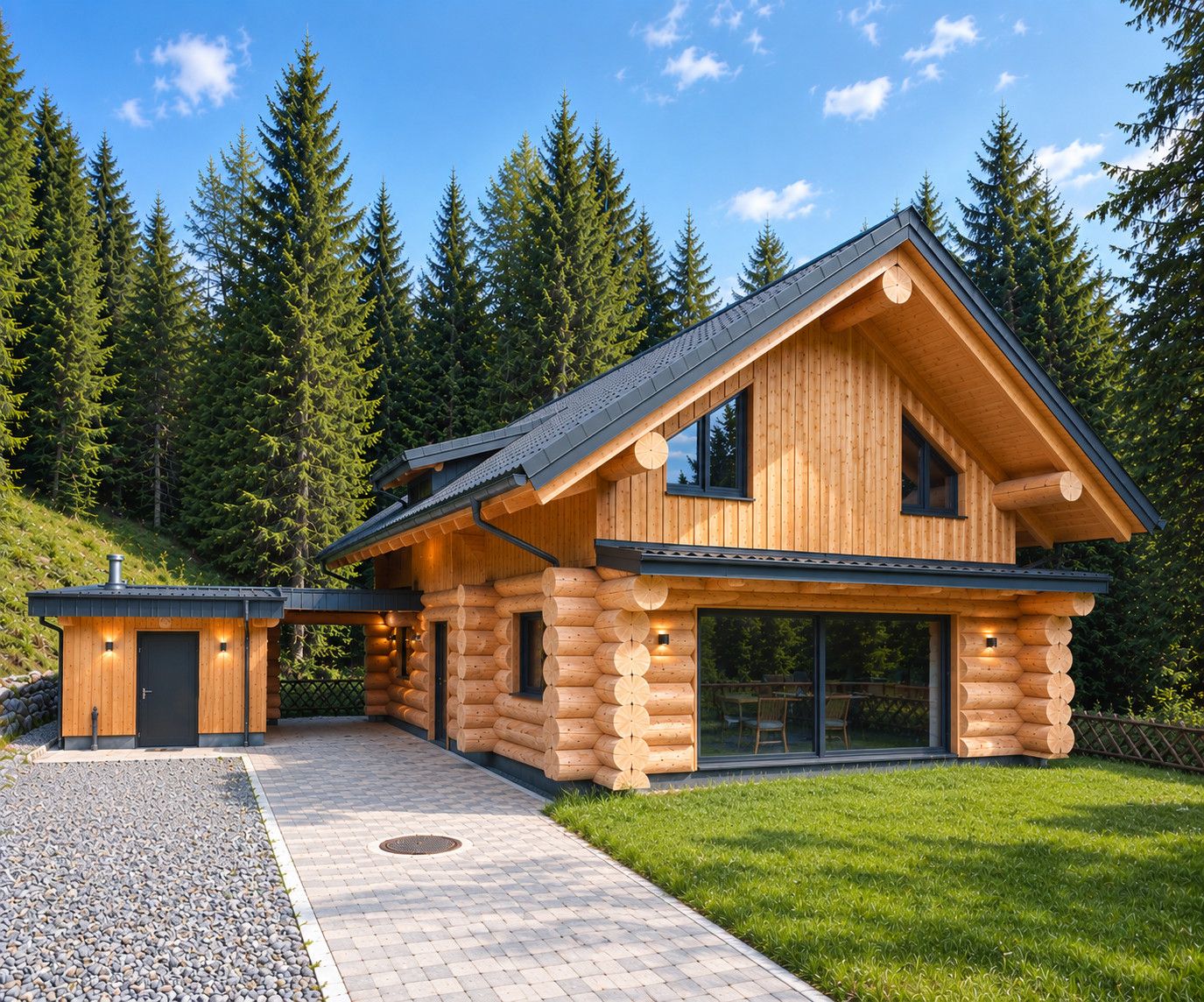 A log cabin with a large glass door entrance, a separate wooden structure to the left, and a paved driveway leading to the entrance.