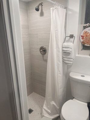 A bathroom with a shower, toilet, and a towel rack with a folded towel. - Brand-New, Newly Renovated Private Suite (Washington)