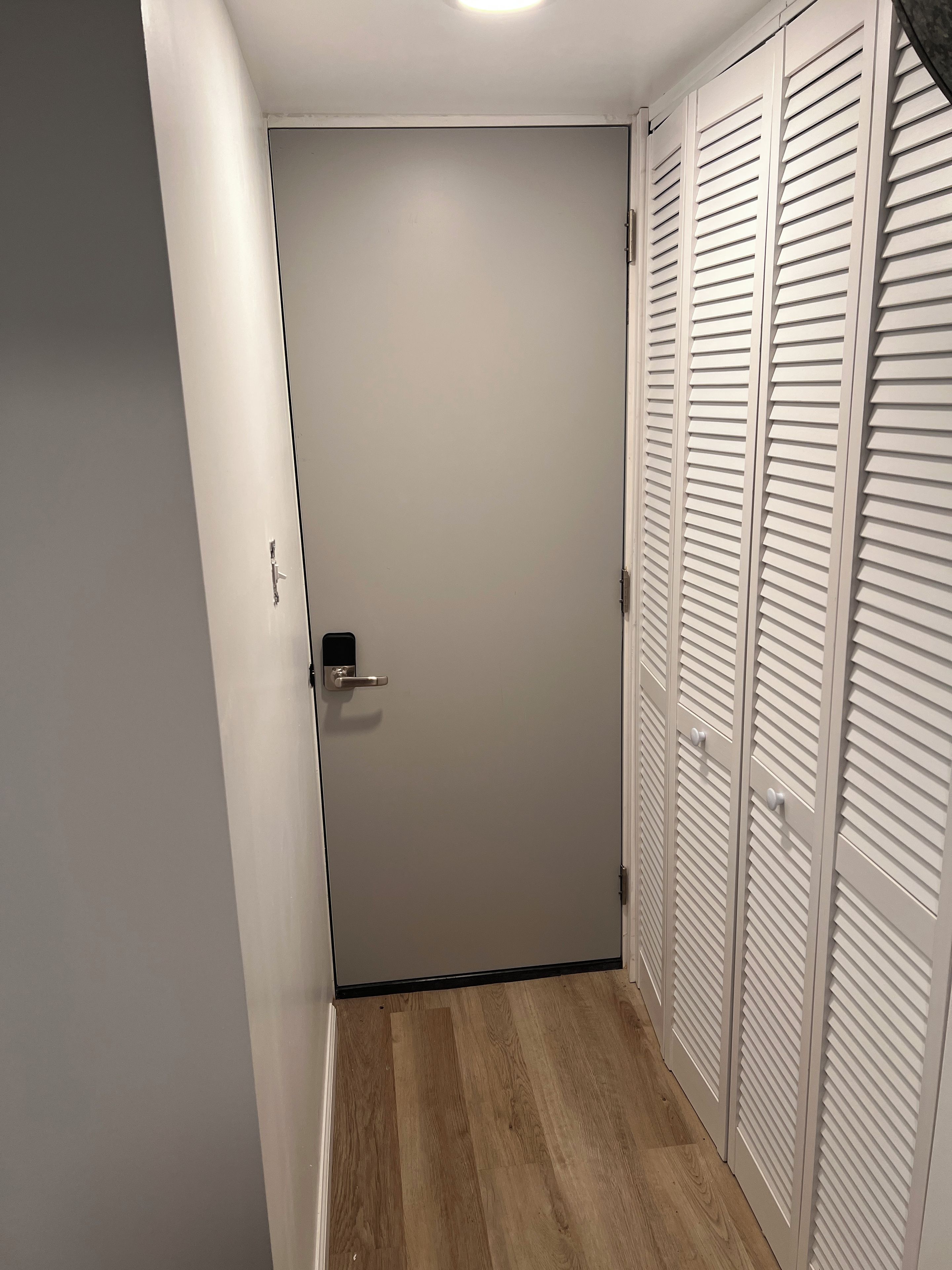 Een gang met een gesloten deur, een houten vloer en een witte kast met verstelbare deuren.