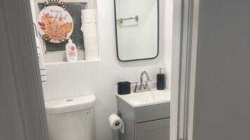 Een kleine badkamer met toilet, wastafel en spiegel.