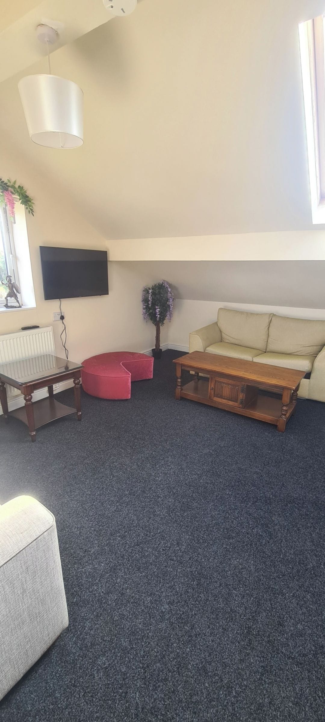 Un salon avec un canapé, une table basse, un pouf rouge, un téléviseur et une plante en pot.