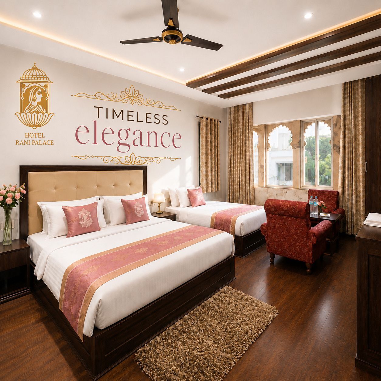 A hotel room with a large bed, two smaller beds, a red armchair, a wooden floor, and a ceiling fan.