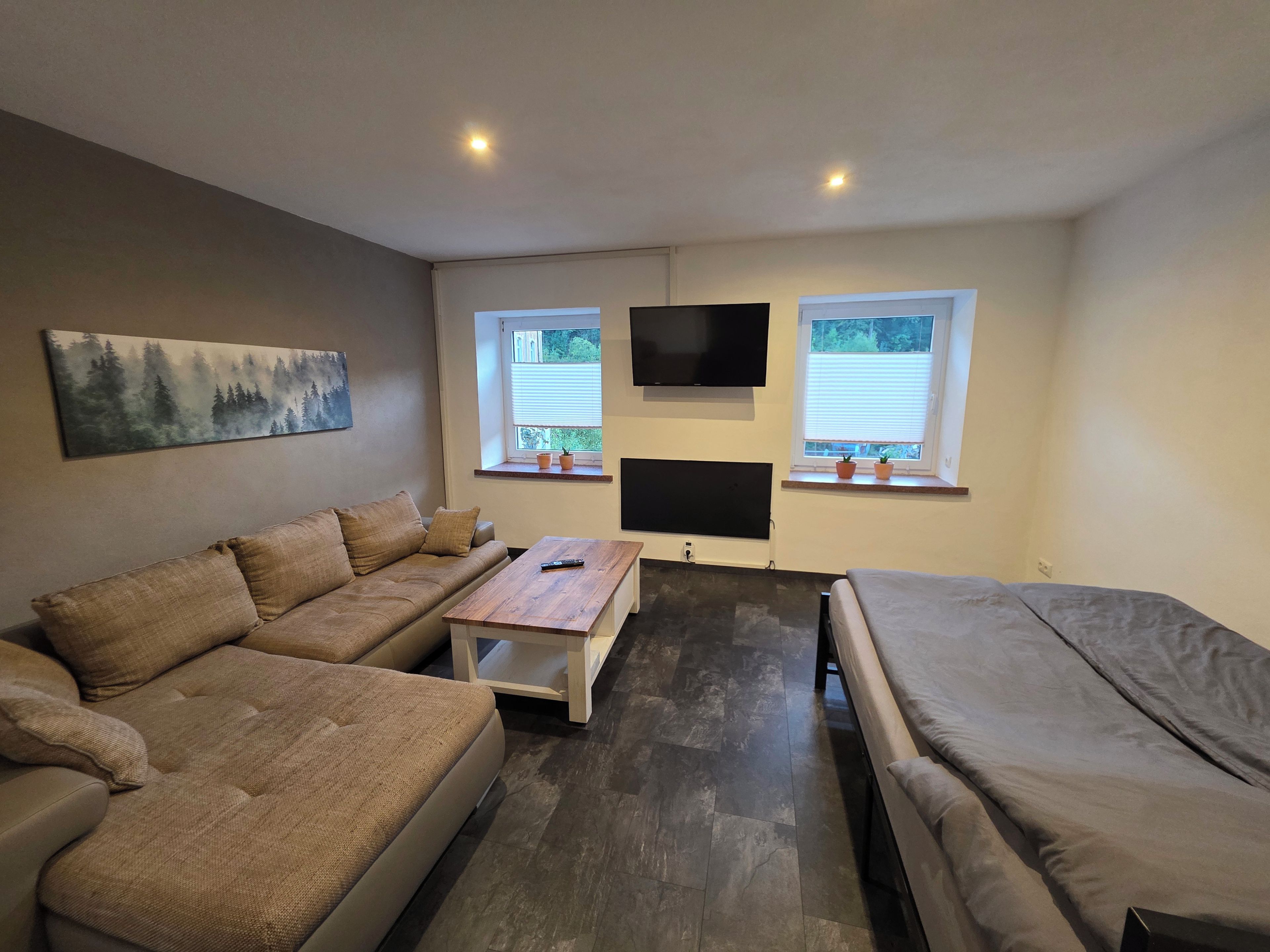 Ein modernes Wohnzimmer mit einer Couch, einem Couchtisch, einem Fernseher und einem Bett.