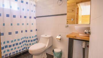 Een badkamer met toilet, wastafel, spiegel en douchegordijn.