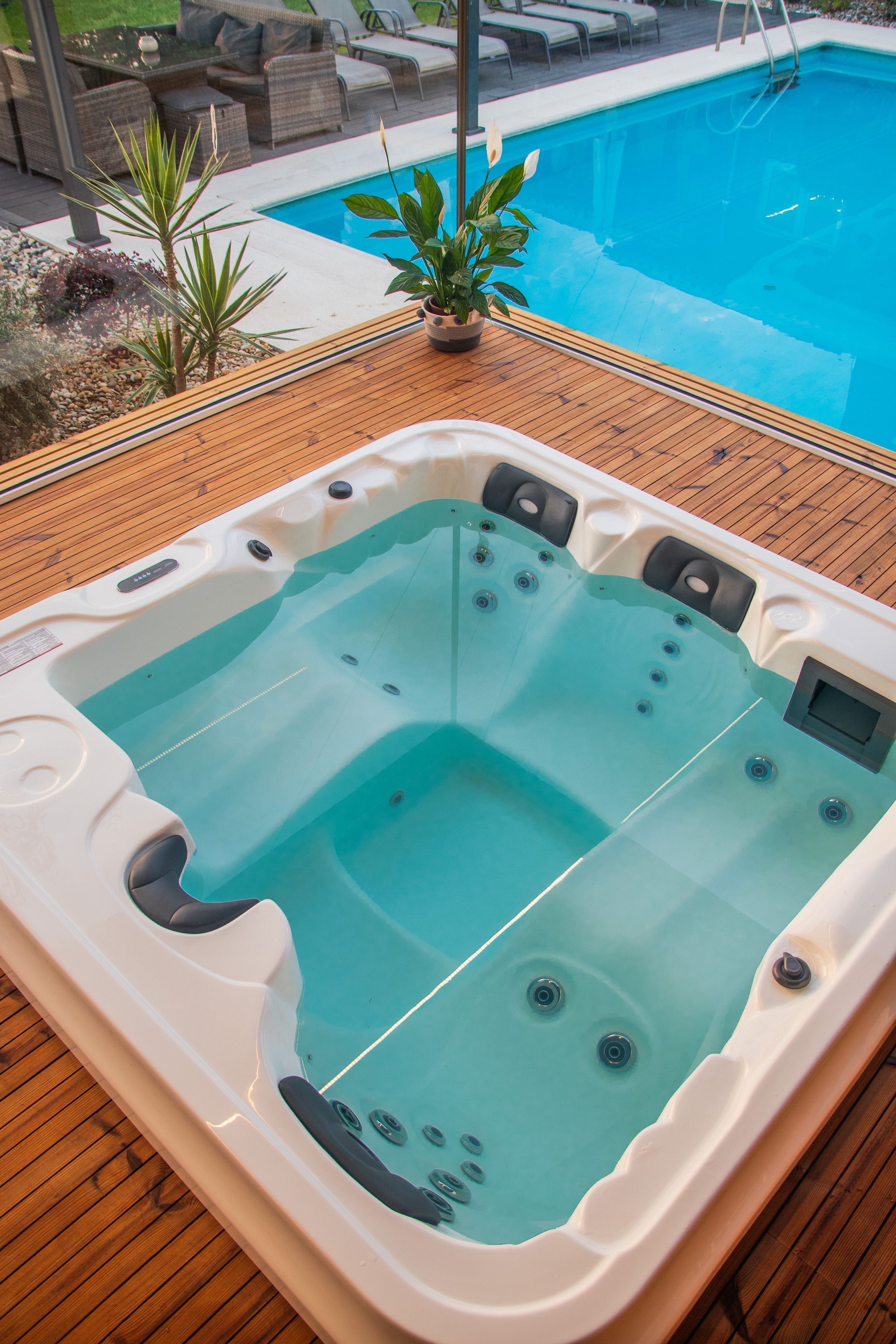 Un jacuzzi con un muelle de madera alrededor, una piscina al fondo y una planta en maceta cerca.