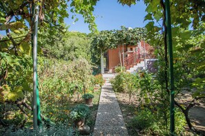 Um caminho no jardim que leva a um edifício com uma escadaria vermelha.