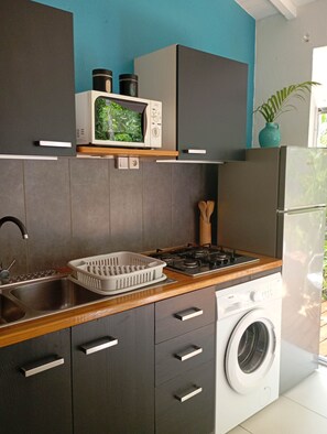 A modern kitchen with a microwave, stove, sink, and built-in washing machine. - Cannelle cottage in Deshaies. Swimming pool. Beach 400m away (Deshaies)
