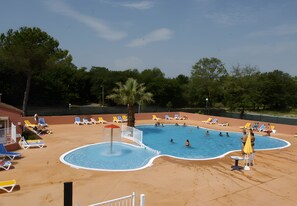 Una piscina amb diverses línies, envoltada de gandules i una palmera.