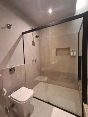 A modern bathroom with a glass-enclosed shower, a toilet, and a sink.