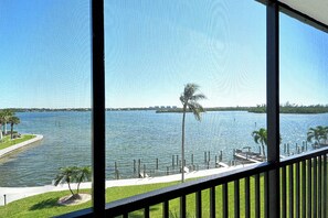 Une vue sur un lac avec un quai et des palmiers, prise depuis un balcon doté d’une balustrade.