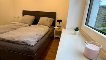 A bedroom with a bed, bedside tables, a nightstand, a window, and a small plant.