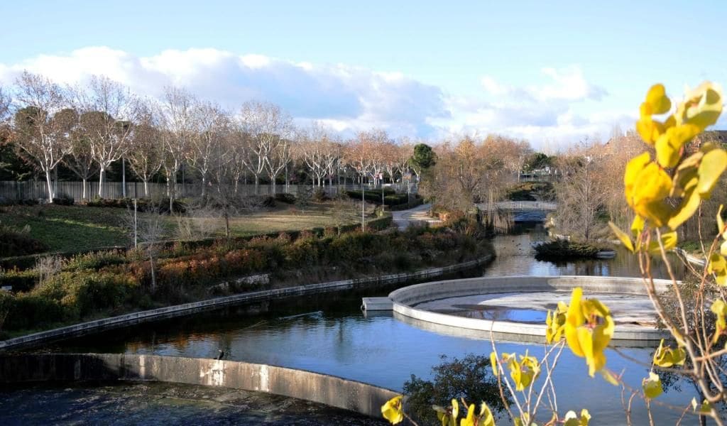 Un río con un puente curvo, rodeado de árboles y una zona verde.