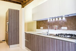Eine moderne Küche mit Edelstahlspüle, Gasherd und Holzschränken.