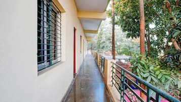 A corridor with windows, a covered walkway, and greenery.