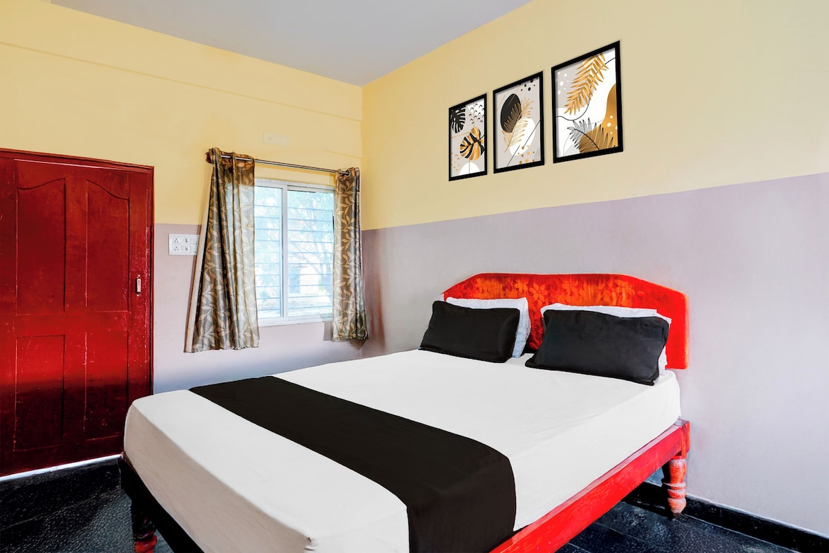 A room with a bed, a window with curtains, a door, and wall art.
