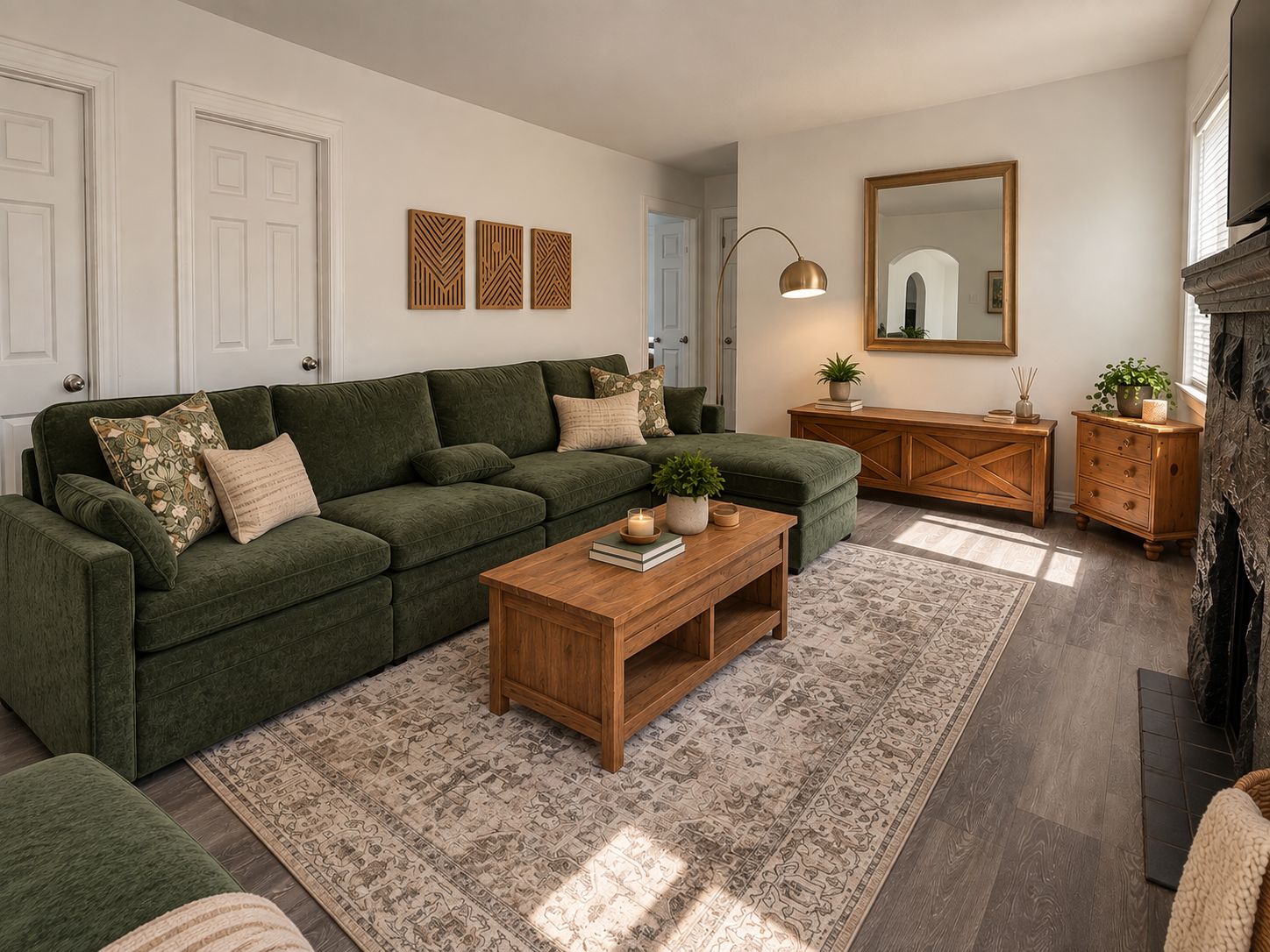 Un salon avec un canapé vert, une table basse en bois et un tapis à motifs.