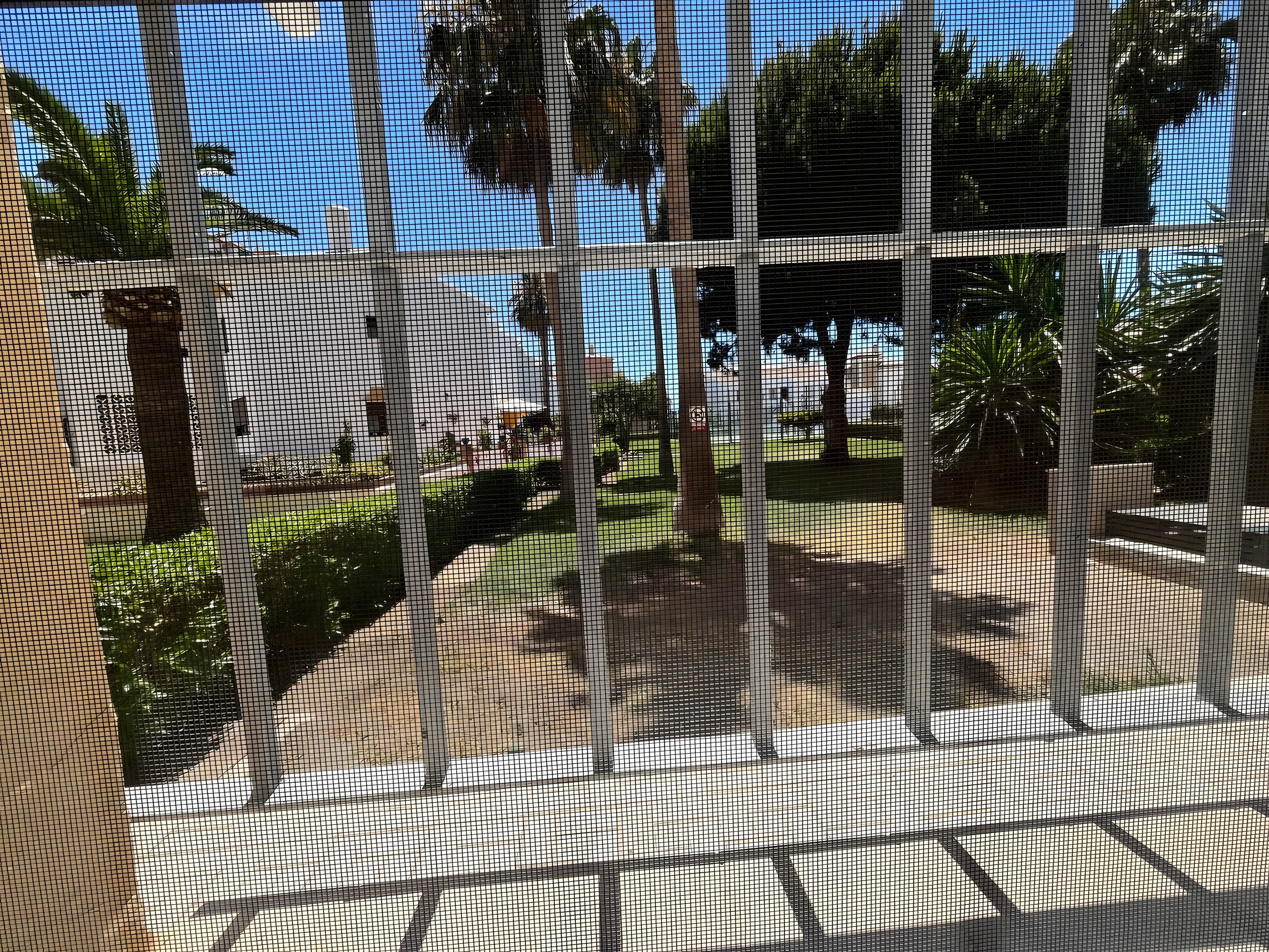 A view through a window with a grid pattern, featuring outdoor seating areas, trees, and a clear sky.
