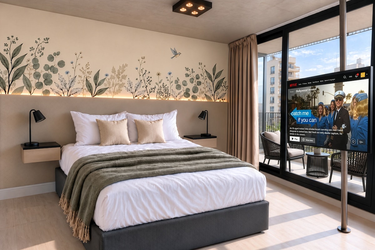 A modern hotel room with a large bed, a wall-mounted TV, and a balcony with a view of the city.