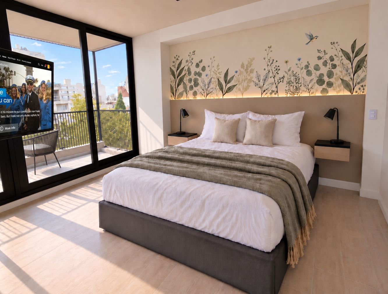 Un dormitorio moderno con una cama grande, un balcón y una pared con un mural floral.